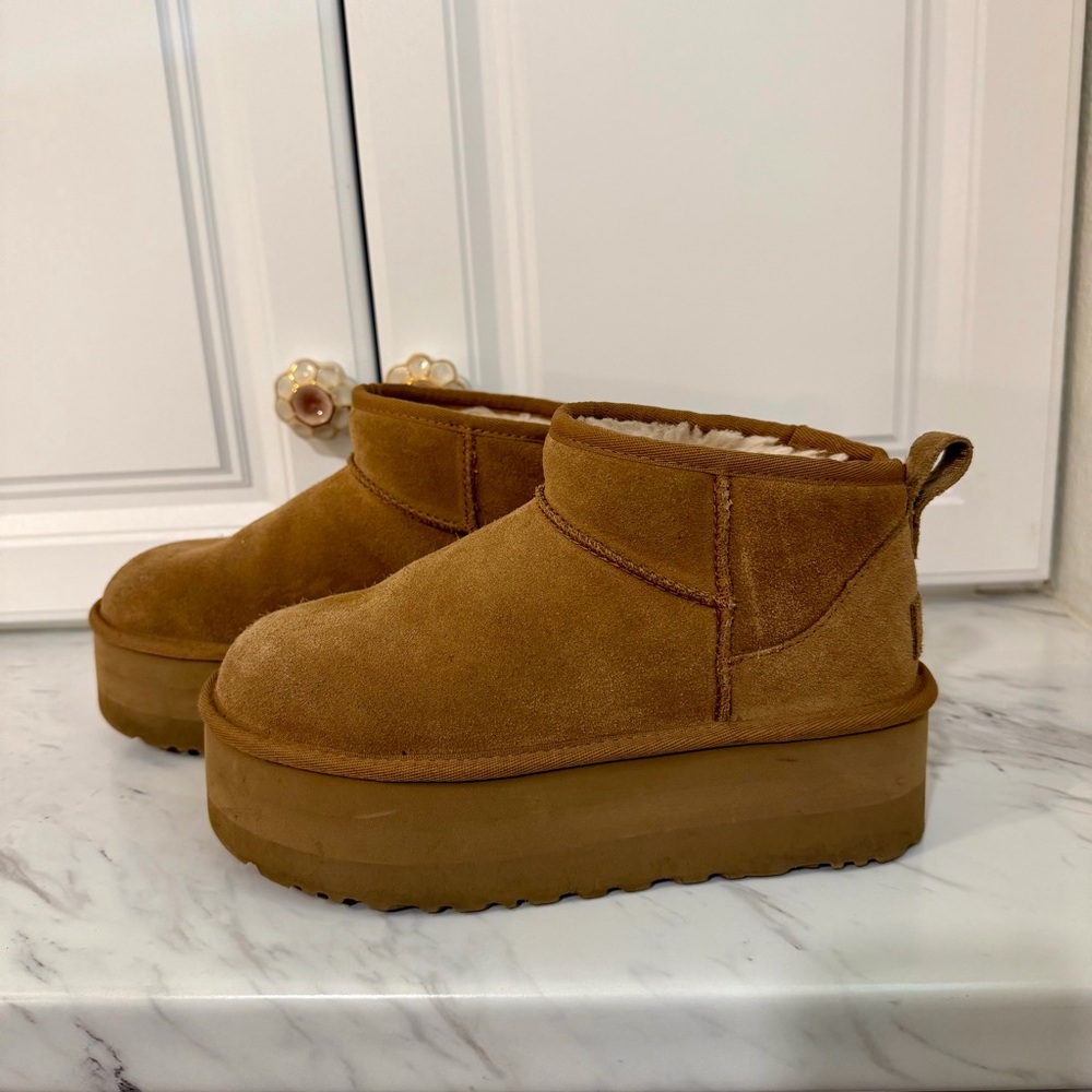 UGG Tan Platform Mini Shearling Lined Boots